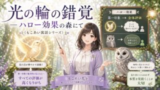 もこあい先生が森でハロー効果を説明し、輝く鳥と灰色のフクロウを通して第一印象が全体評価に影響する様子を示すアイキャッチ
