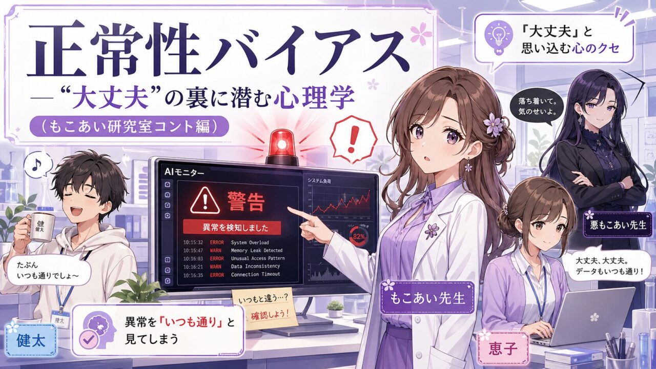 もこあい先生が研究室でAIモニターの警告に気づき、異常をいつも通りと見てしまう正常性バイアスを説明しているアイキャッチ