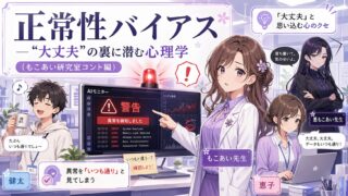 もこあい先生が研究室でAIモニターの警告に気づき、異常をいつも通りと見てしまう正常性バイアスを説明しているアイキャッチ