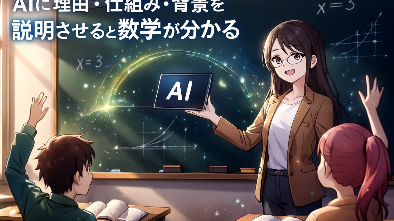 教室の黒板に光の軌跡が広がり、もこあい先生がAIタブレットを掲げながら数式の成り立ちを説明しているシーン。AIに理由や仕組みを説明させることで数学が理解しやすくなることを表したアイキャッチ。
