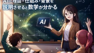 教室の黒板に光の軌跡が広がり、もこあい先生がAIタブレットを掲げながら数式の成り立ちを説明しているシーン。AIに理由や仕組みを説明させることで数学が理解しやすくなることを表したアイキャッチ。