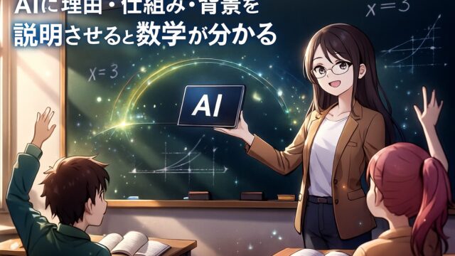 教室の黒板に光の軌跡が広がり、もこあい先生がAIタブレットを掲げながら数式の成り立ちを説明しているシーン。AIに理由や仕組みを説明させることで数学が理解しやすくなることを表したアイキャッチ。