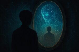 é¡ã®äžã«AIã®å
ãæ ãããã®äžã«äººã®åœ±ã溶ããŠããå¹»æ³çãªæ§å³ãçŸå®ãšããžã¿ã«ã®å¢çã象城ããŠããã