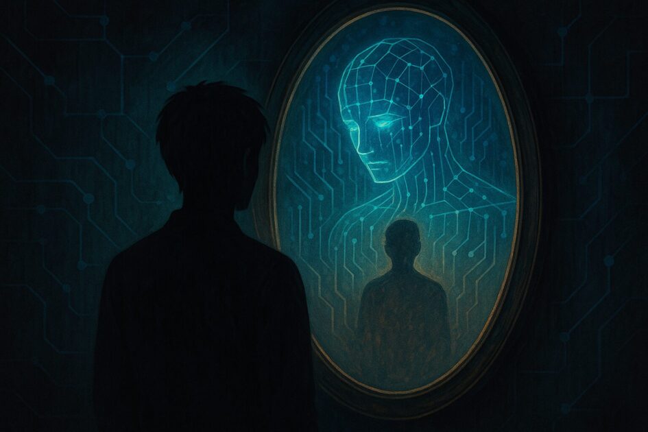 é¡ã®äžã«AIã®å
ãæ ãããã®äžã«äººã®åœ±ã溶ããŠããå¹»æ³çãªæ§å³ãçŸå®ãšããžã¿ã«ã®å¢çã象城ããŠããã