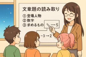 白いホワイトボードの前で、もこあい先生が文章題を図式化した整理ポイント「登場人物・数字・求めるもの」を示しながら、3人の生徒にやさしく解説している授業シーン。