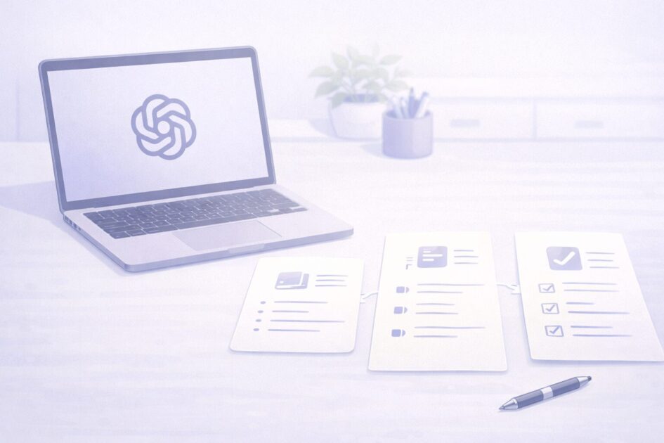 作文の構成整理や見直し補助としてAIを使っている机上の様子を示し、ChatGPTは丸投げではなく補助役として使うことを伝える挿絵