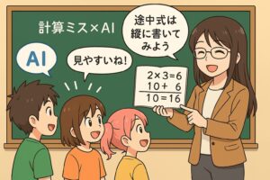 黒板を背景に、もこあい先生が「途中式は縦に書いてみよう」と説明し、生徒たちが「見やすいね！」と納得している計算ミス対策の授業シーン。縦型の途中式の例がホワイトボードに示されている。