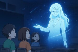 教室の中央だけが星空に変わり、光の粒子をまとったクエーサーもこあい先生が生徒たちの前に現れ、「理解の光」の線を示しながらAIと数学のつながりを静かに説明している場面。