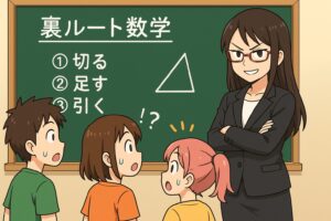 黒板の前で腕を組みながら「裏ルート数学」を説明する悪もこあい先生が、切る・足す・引くの三つの視点と三角形の図を示し、生徒たちが驚いた表情で見つめている教室シーン。