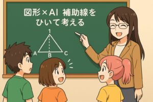 教室で、もこあい先生が三角形に補助線を引く方法を黒板で説明し、「図形×AI 補助線をひいて考える」の文字とともに、生徒3人が興味深く聞いている場面。