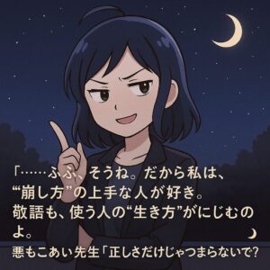 黒いジャケットを着た悪もこあい先生が月夜の下で微笑み、指を立てて「正しさだけじゃつまらないでしょ？」と語るイラスト。背景には三日月と星空が広がっている。