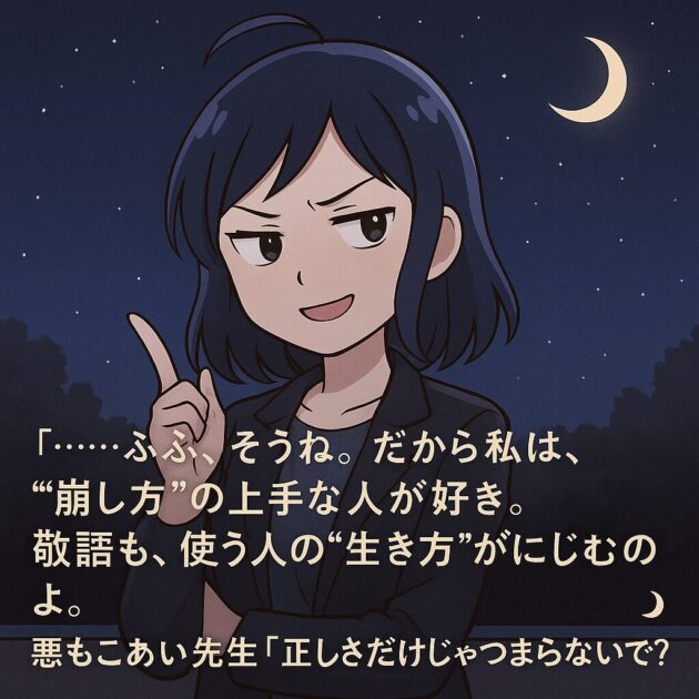 黒いジャケットを着た悪もこあい先生が月夜の下で微笑み、指を立てて「正しさだけじゃつまらないでしょ？」と語るイラスト。背景には三日月と星空が広がっている。