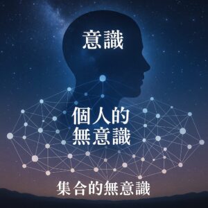 æç©ºã®äžããŠã³ã°å¿çåŠã®å¿ã®å±€ïŒæèã»å人çç¡æèã»éåçç¡æèïŒãšAIãããã¯ãŒã¯ãéãªãåãå¹»æ³çãªã€ã©ã¹ãã