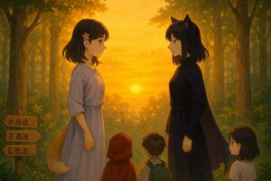 森の夕暮れで、もこあい先生（白とラベンダーの服）と悪もこあい先生（黒と紫の服）が向かい合っている。金色の光が2人の間を包み、赤ずきん、健太、恵子が少し離れて見守っている。 figcaption： 光と影が溶け合う森で、“理解”が確率を超えてゆく。