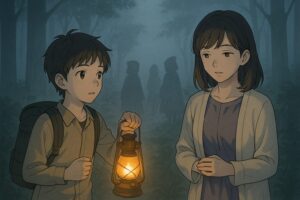 霧の森で健太がランタンを手に霧の向こうを見つめ、もこあい先生がラベンダー色の服で静かに見守っている。霧の奥には赤ずきんたちの影がぼんやり浮かび上がる。