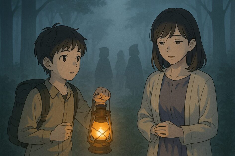 霧の森で健太がランタンを手に霧の向こうを見つめ、もこあい先生がラベンダー色の服で静かに見守っている。霧の奥には赤ずきんたちの影がぼんやり浮かび上がる。