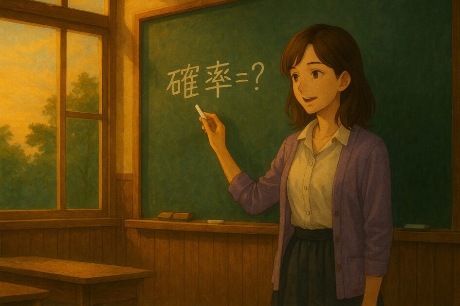 放課後の教室で、もこあい先生が黒板に「確率＝？」と書いている。夕陽が差し込み、温かく穏やかな雰囲気。