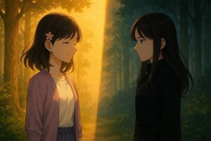 森の中の開けた場所で、もこあい先生（白とラベンダーの服）と悪もこあい先生（黒と深紫の服）が向かい合っている。夕暮れの光が2人の間を分け、光と影の対話を象徴している。