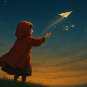 丘の上で赤ずきんが紙飛行機を空に飛ばしている。夜空には10⁻⁴⁰の数式が輝き、希望と静けさを感じる幻想的な光景。