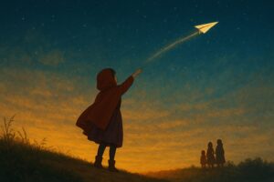 丘の上で赤ずきんが紙飛行機を夕暮れの空に放つ。飛行機の軌跡が光の帯となり、星空に溶けていく。遠くに小さくもこあい先生たちのシルエットが見える。