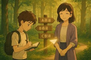 森の分かれ道で健太が手帳にデータを書き込み、もこあい先生が後ろで穏やかに見守っている。看板には「A街道」「B森道」「C獣道」と書かれ、木漏れ日が二人を包む。