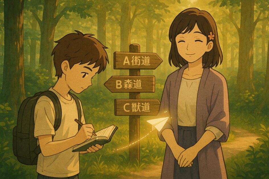 森の分かれ道で健太が手帳にデータを書き込み、もこあい先生が後ろで穏やかに見守っている。看板には「A街道」「B森道」「C獣道」と書かれ、木漏れ日が二人を包む。