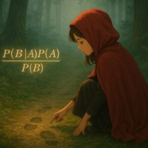 森の中で赤ずきんが足跡を見つけてしゃがみ込み、淡く光るベイズの数式 P(B|A)P(A)/P(B) を見つめている。霧の中の静かな探求の瞬間。