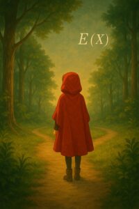 森の中で赤ずきんが分かれ道の前に立ち、どちらに進むかを静かに考えている。柔らかな木漏れ日と「E[X]」の数式が幻想的に浮かぶ。