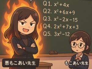 悪もこあい先生が黒板に因数分解の問題を書き、生徒を挑発するように笑っている。背後には炎のようなオーラがあり、もこあい先生が優しく見守っている。黒板にはQ1〜Q5の問題が並ぶ。