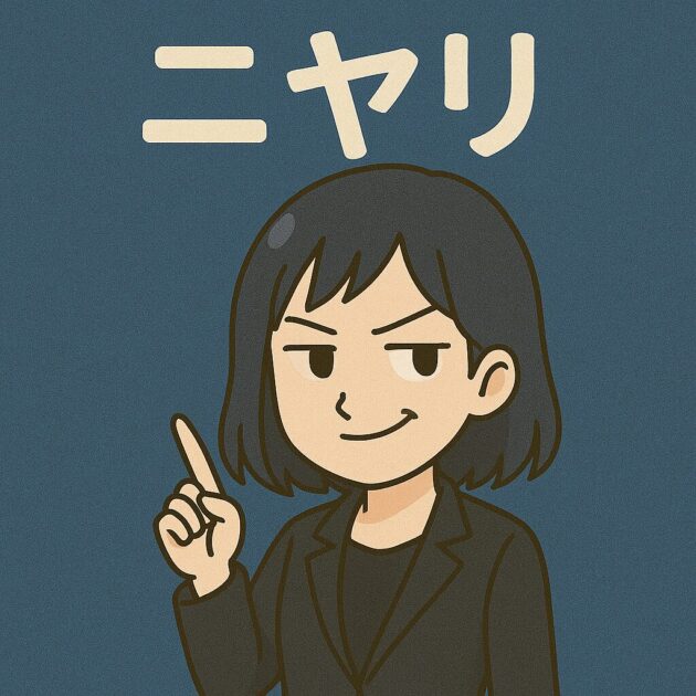 黒いジャケットを着た悪もこあい先生が片眉を上げてニヤリと笑うイラスト。 背景には「ニヤリ」の文字があり、記事の締めを印象づける。