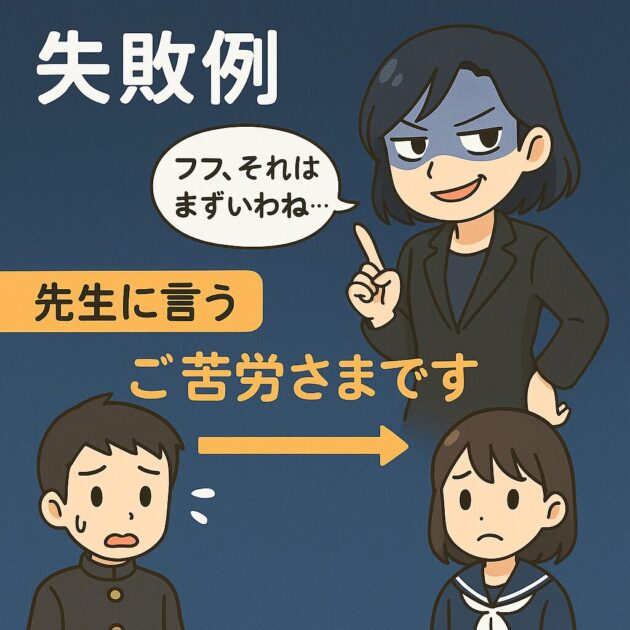 黒いジャケットを着た悪もこあい先生が、敬語の誤用「ご苦労さまです」にツッコミを入れるイラスト。 学ラン姿の健太とセーラー服の恵子が困った表情をしている。