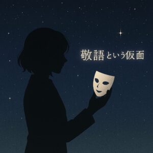 星空の下で女性のシルエットが仮面を手にして見つめている。 背景には「敬語という仮面」という文字が柔らかく光る。