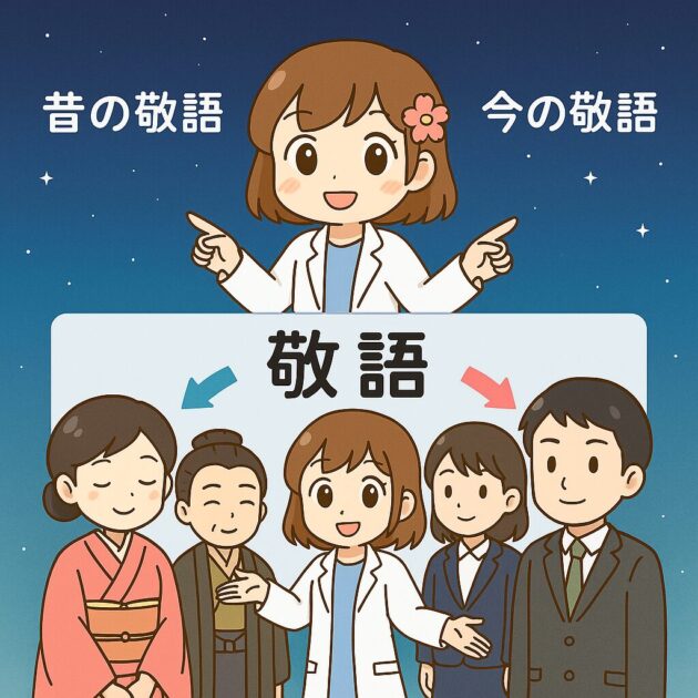 白衣を着たもこあい先生が、左の和装の人々（昔の敬語）と右のスーツ姿の人々（今の敬語）を指し示すイラスト。 敬語の歴史的変化をわかりやすく対比した教育用ビジュアル。