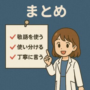 白衣を着たもこあい先生が、黒板の前で「敬語を使う」「使い分ける」「丁寧に言う」と書かれたチェックリストを指差しているイラスト。