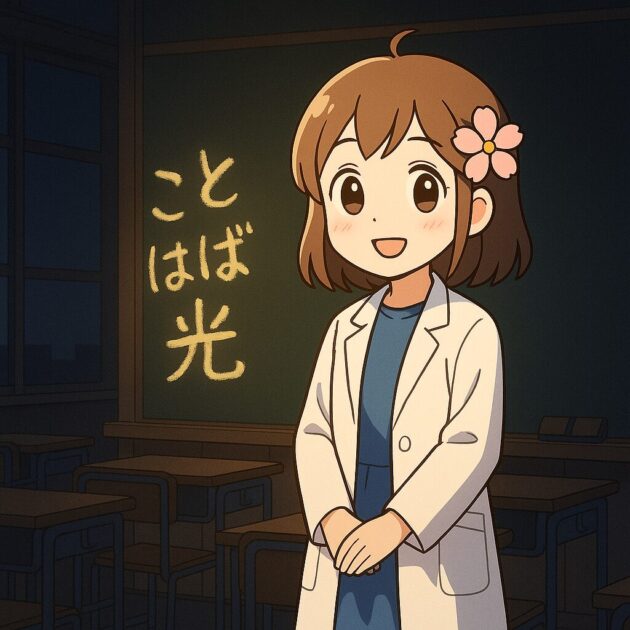 夜の教室で白衣を着たもこあい先生が黒板に「ことばは光」と書いている。 星空と月明かりが教室を優しく照らし、机に温かな光が反射している。