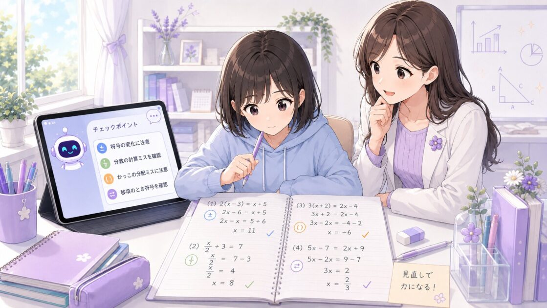 途中式のどこで計算ミスが起きたかをAIで確認する流れを示す図