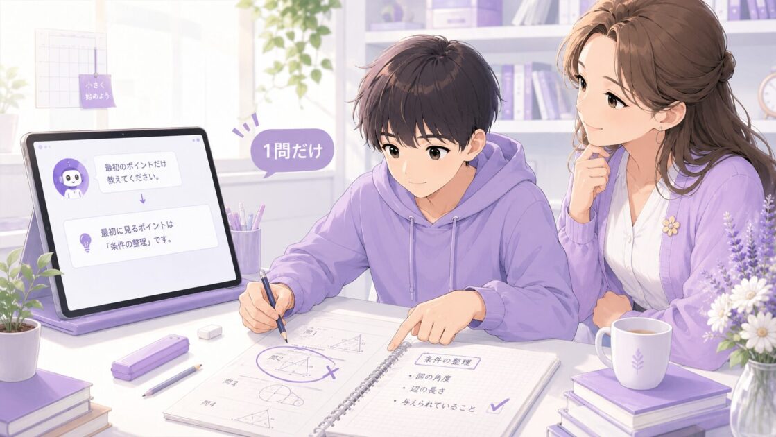 間違えた数学の問題を1問だけAIで整理してノートに戻す場面