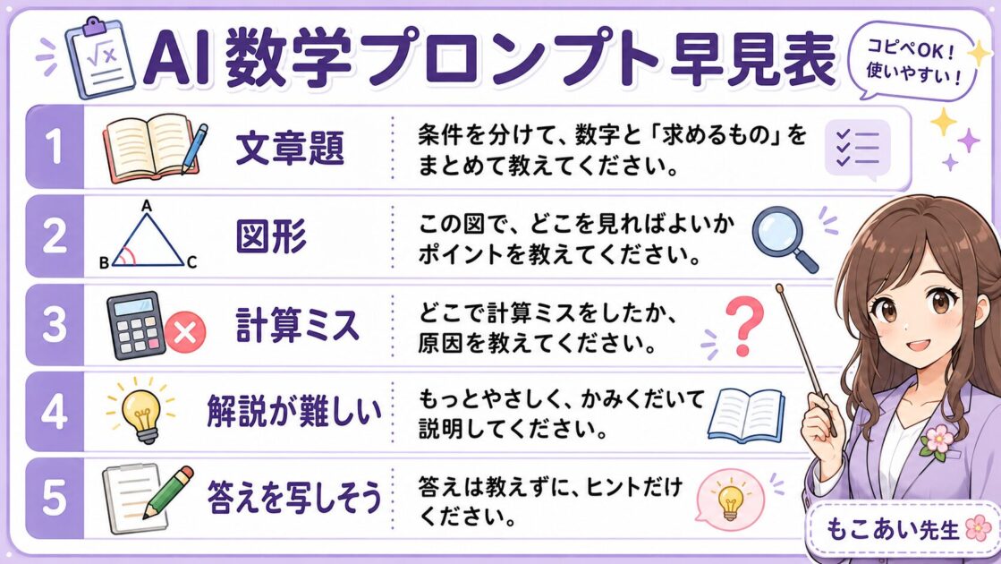 AIで数学を学ぶときの聞き方を文章題・図形・計算ミス別にまとめたスクショ保存用ミニシート
