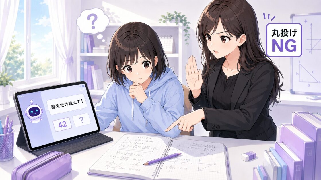 悪もこあい先生がAIに答えを丸投げしないよう注意する場面