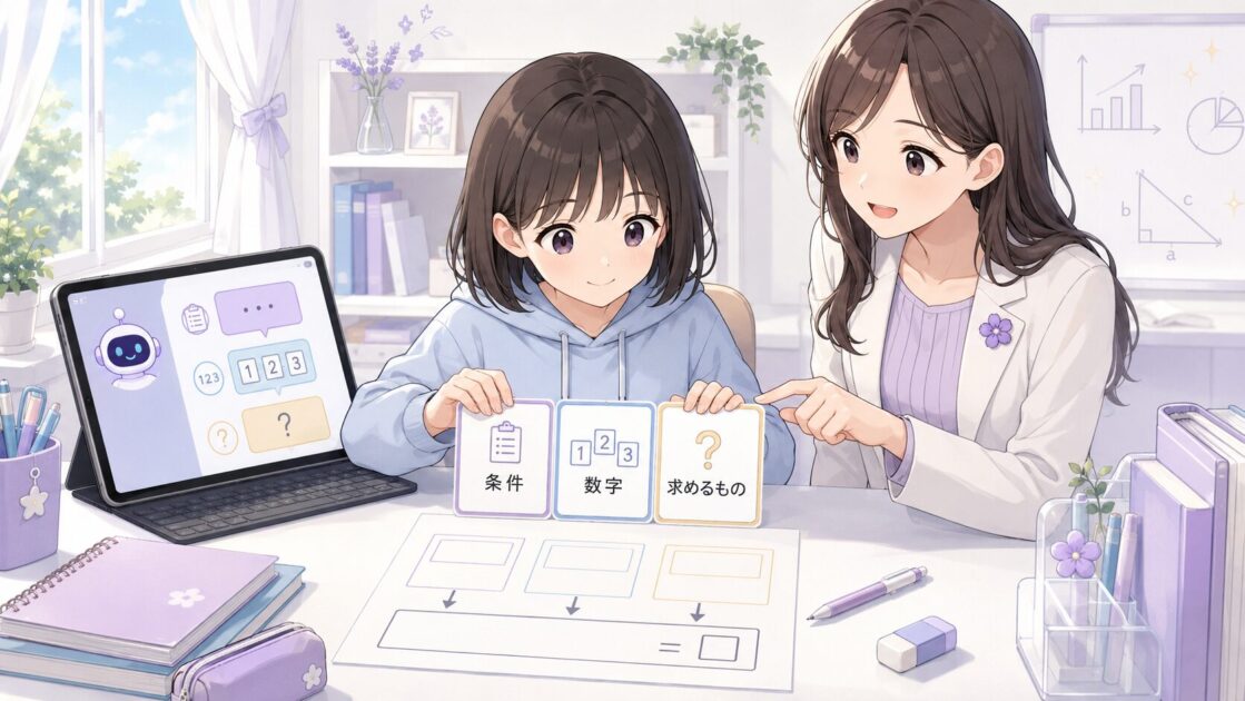 文章題を条件・数字・求めるものに分けてAIで整理する流れを示す図