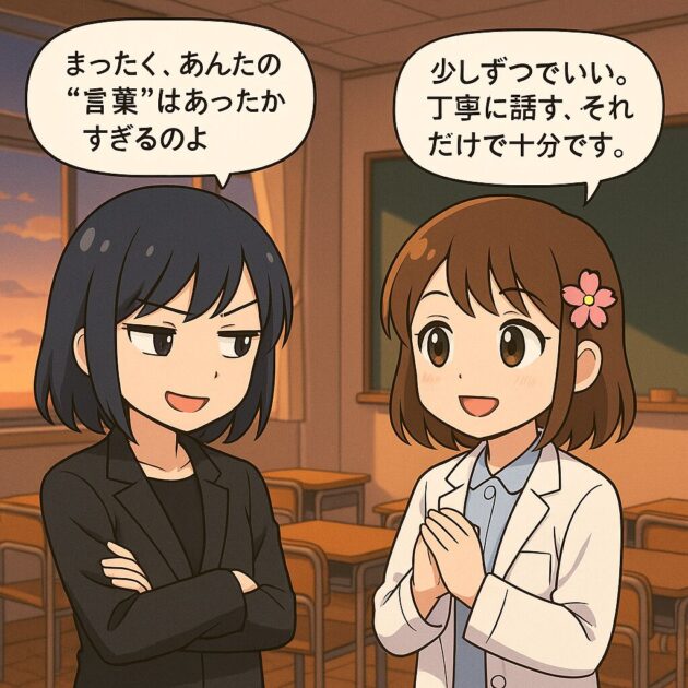 夕方の教室で、白衣を着たもこあい先生が穏やかに語り、黒いジャケットの悪もこあい先生が微笑む。 「少しずつでいい。丁寧に話す、それだけで十分です。」という吹き出しが描かれた温かいアニメ風イラスト。