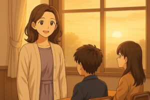 æã®å
ã®äžã§åŸ®ç¬ãããããå
çãšçåŸãã¡ïŒå¥å€ªã»æµåïŒãæå®€ã®çªã®å€ã«ã¯æ°ããæ¥ãæããéããªåžæãæããã·ãŒã³ã