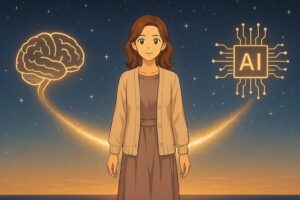 AIãšäººéã®éã«å
ã®æ©ãããããããããå
çããã®äžå€®ã«ç«ã£ãŠãããèæ¯ã«ã¯è³ãšAIãããã®è±¡åŸŽãèŒããå
±æãšèª¿åã瀺ããŠããã