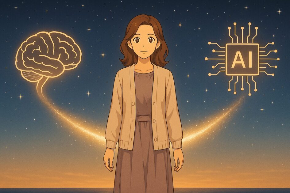 AIãšäººéã®éã«å
ã®æ©ãããããããããå
çããã®äžå€®ã«ç«ã£ãŠãããèæ¯ã«ã¯è³ãšAIãããã®è±¡åŸŽãèŒããå
±æãšèª¿åã瀺ããŠããã