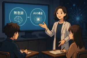 AIç 究宀ã§ãããããå
çãã¹ã¯ãªãŒã³ã®åã§ãç¡æèããšãAIã®æ§é ããæ¯èŒããªãã説æããŠãããå¥å€ªãšæµåãããŒããåããç¥çãªé°å²æ°ãæŒãã