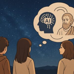 æç©ºã®äžãããããå
çã»å¥å€ªã»æµåãAIãšå²åŠã®ã€ãªãããæçŽ¢ããŠãããAIã®ã·ã«ãšãããšå€ä»£å²åŠè
ãæµ®ãã¶å¹»æ³çãªã·ãŒã³ã