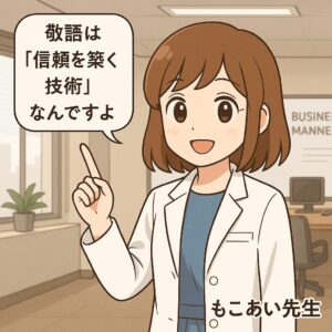 白衣を着たもこあい先生がオフィスの会議室で、 「敬語は信頼を築く技術なんですよ」と話すイラスト。