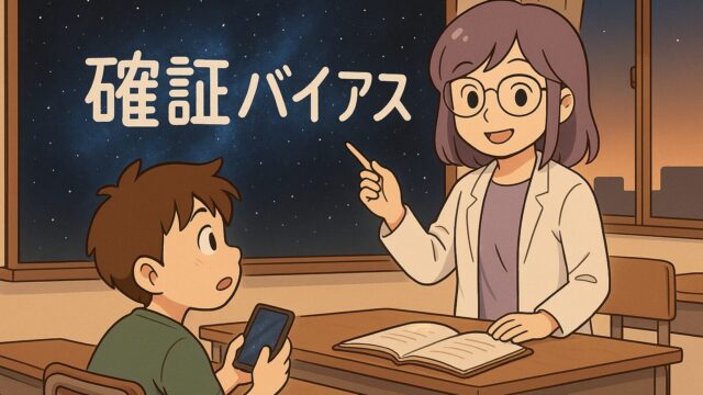 放課後の教室で、星空のような黒板に「確証バイアス」と書かれ、スマホを持つ生徒が見上げる中、もこあい先生がチョークでその文字を指し示している場面