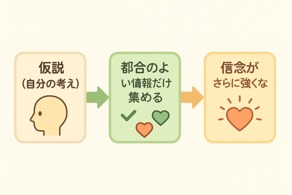 仮説→都合のよい情報だけを集める→信念がさらに強くなる、という確証バイアスの流れを矢印で示した図