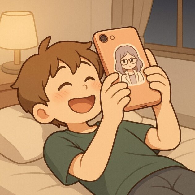 夜の自室で、健太がベッドに寝転びながら、もこあい先生のシールが貼られたスマホでメッセージを見てニヤニヤし、自分に都合のよい解釈にますますハマっている様子